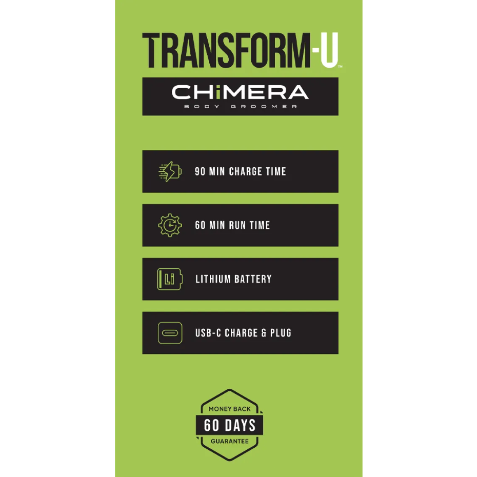 Chimera product packaging with green background and black text detailing features.
