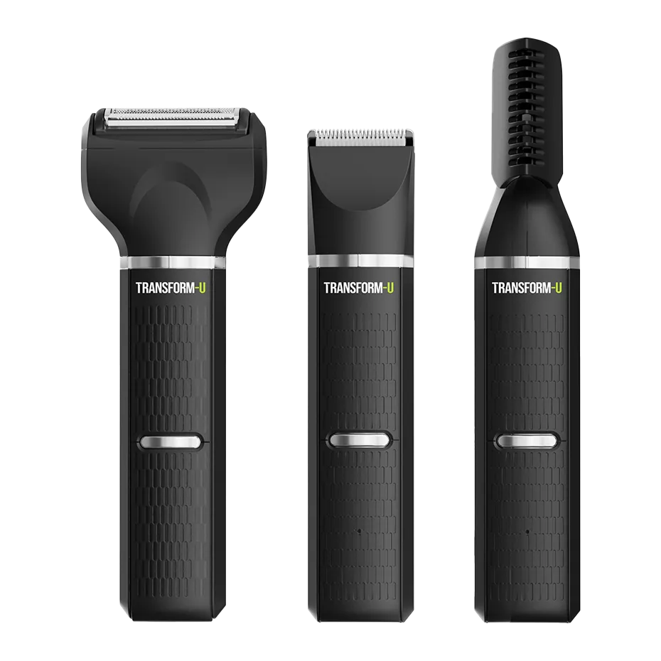 Three black grooming tools with 'Transform U' branding on a transparent background