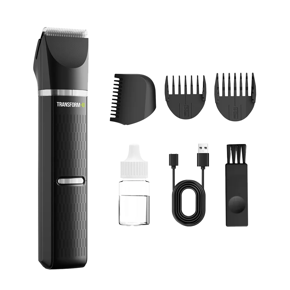 Black grooming kit with trimmer, attachments, and charging cable on a transparent background