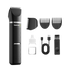 Black grooming kit with trimmer, attachments, and charging cable on a transparent background