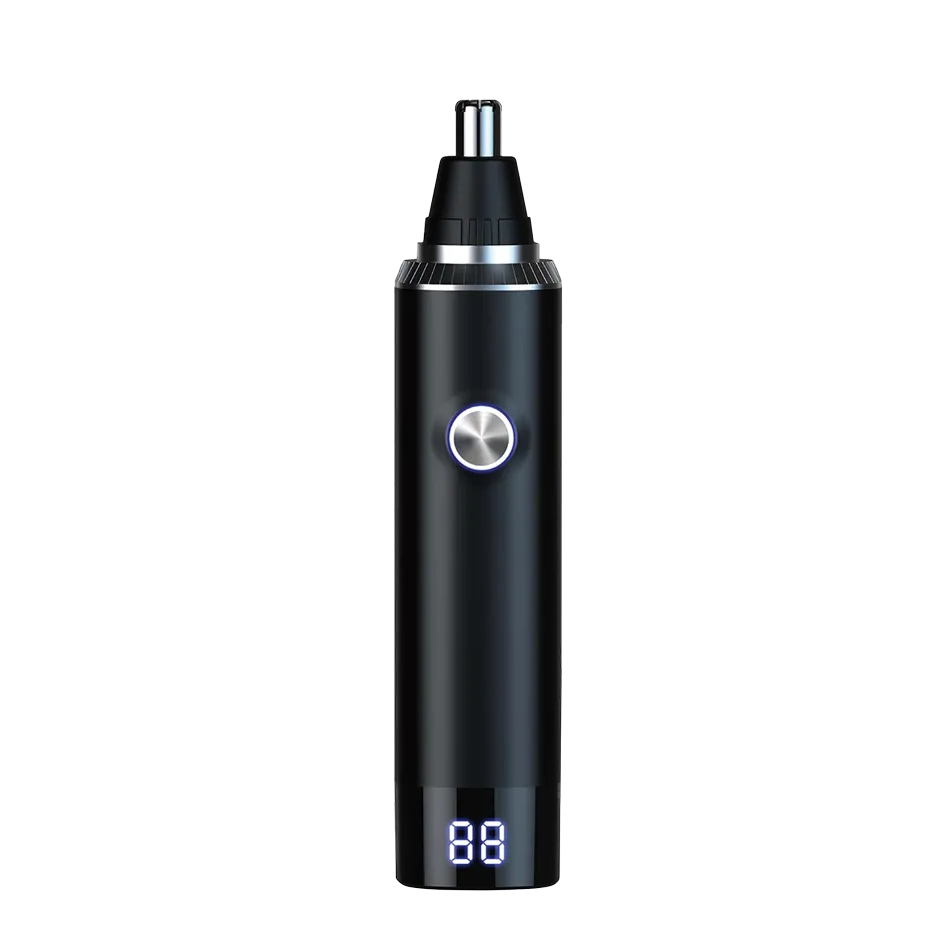 Black nose and ear hair trimmer with digital display on a transparent background