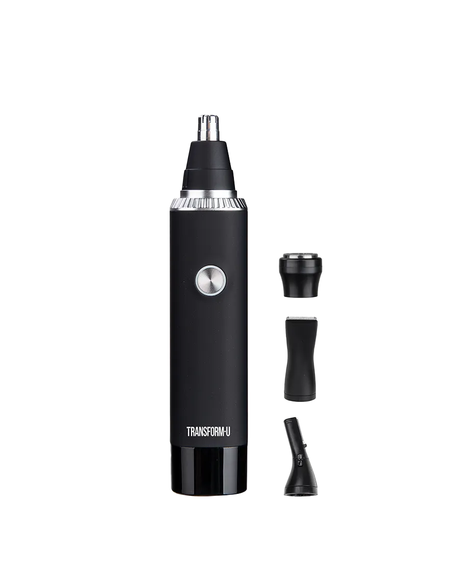 Nose and ear hair trimmer with attachments on a transparent background