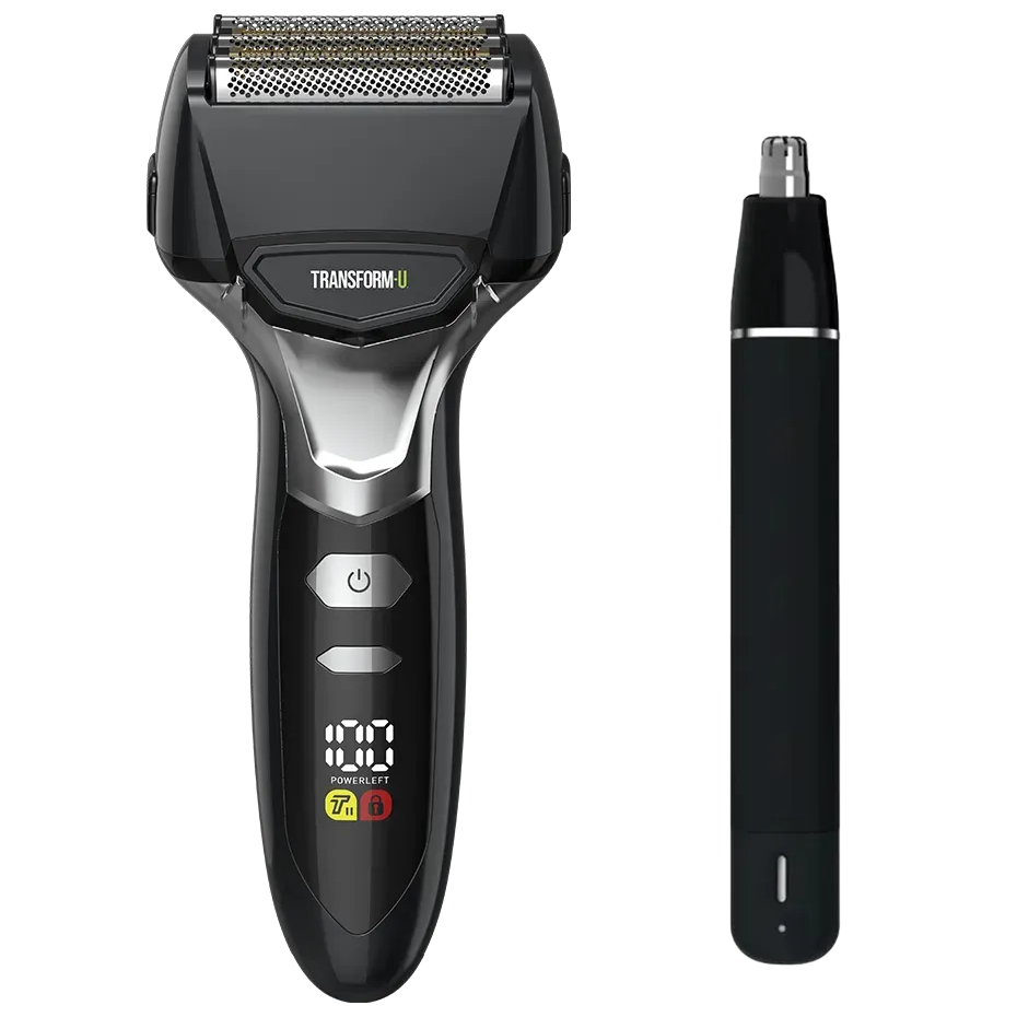 Black electric shaver with digital display and additional nose and ear hair trimmer on a transparent background