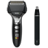 Black electric shaver with digital display and additional nose and ear hair trimmer on a transparent background