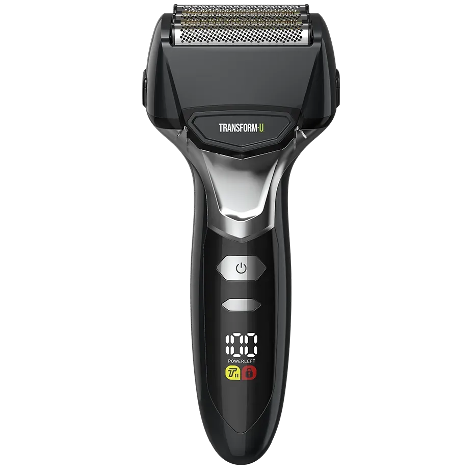 Black electric shaver with digital display on a transparent background
