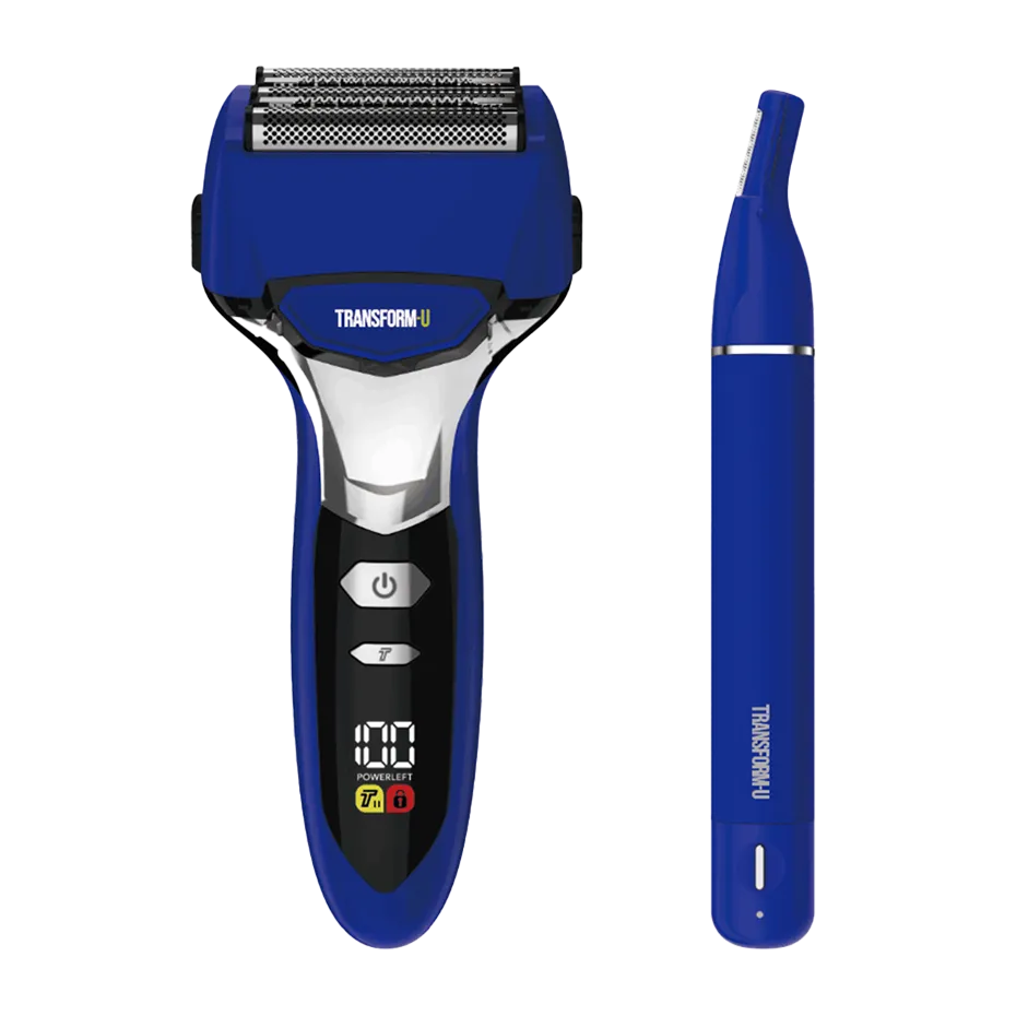 Blue shaver with digital display on a transparent background