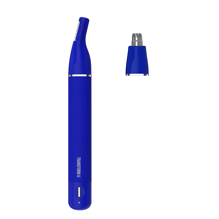 Blue nose and ear trimmer device with a detachable rotary head on a transparent background
