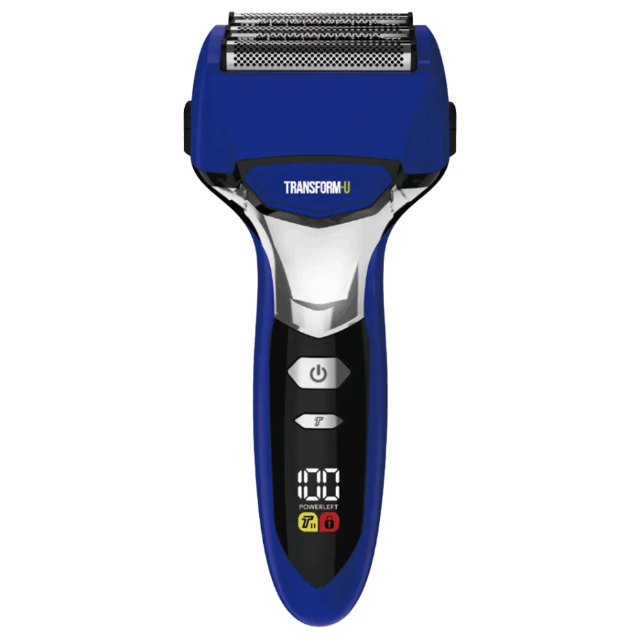 Blue electric shaver with digital display on a transparent background