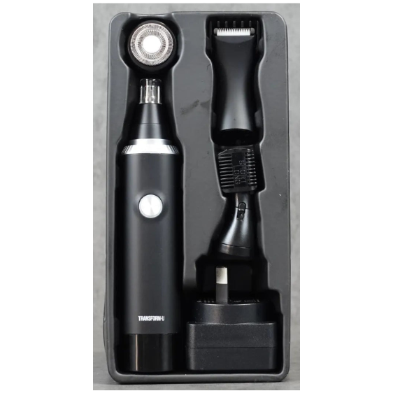 Nose and ear hair trimmer kit with multiple attachments on a grey background