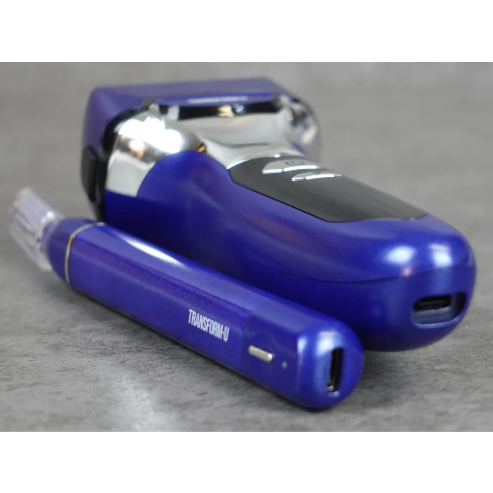 Blue and silver shaver and nose and ear  hair trimmer device on a gray background