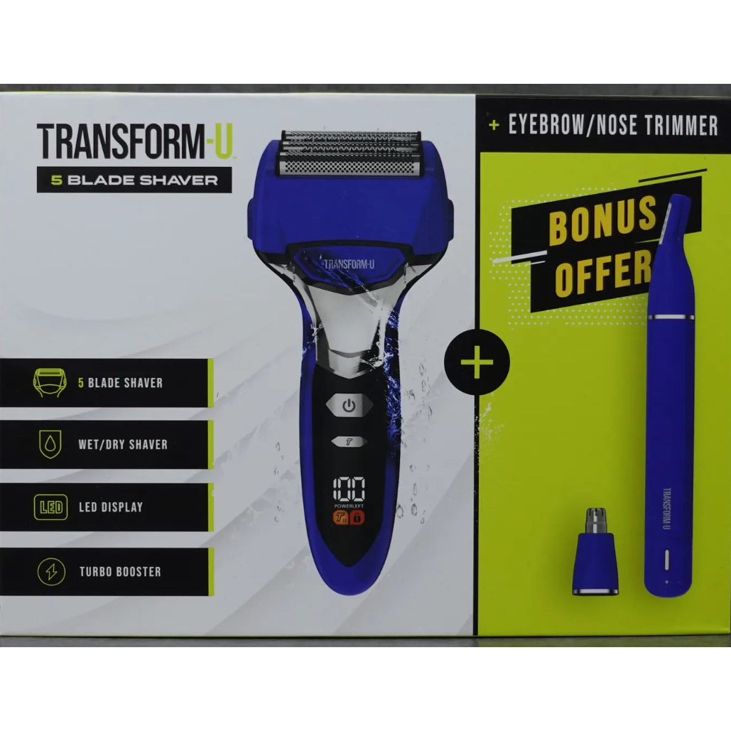 Transform-U 5 Blade Shaver packaging with bonus eyebrow/nose trimmer on a transparent background