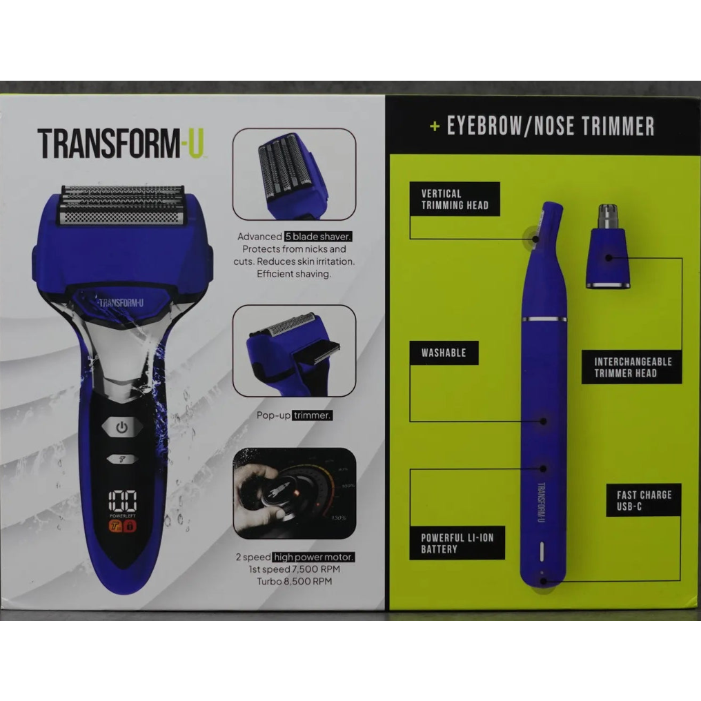 Product packaging for a TRANSFORM-U shaver and eyebrow/nose trimmer with features highlighted.