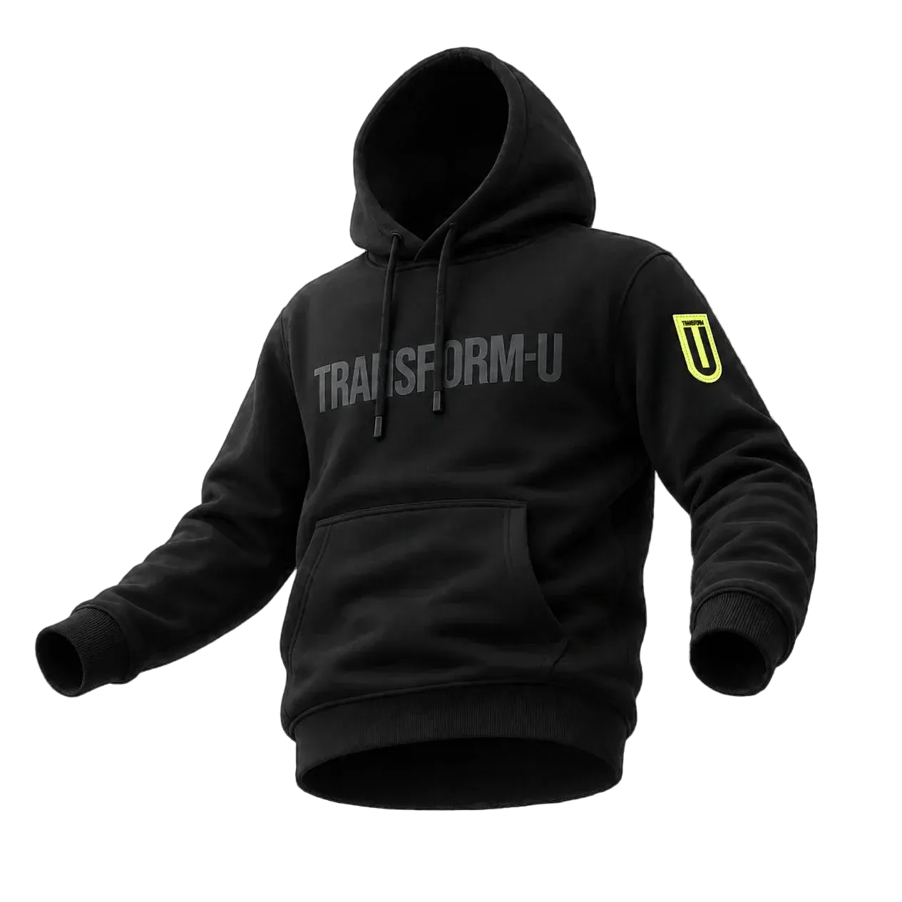 Black hoodie with 'TRANSFORM-U' text and yellow logo on a black background