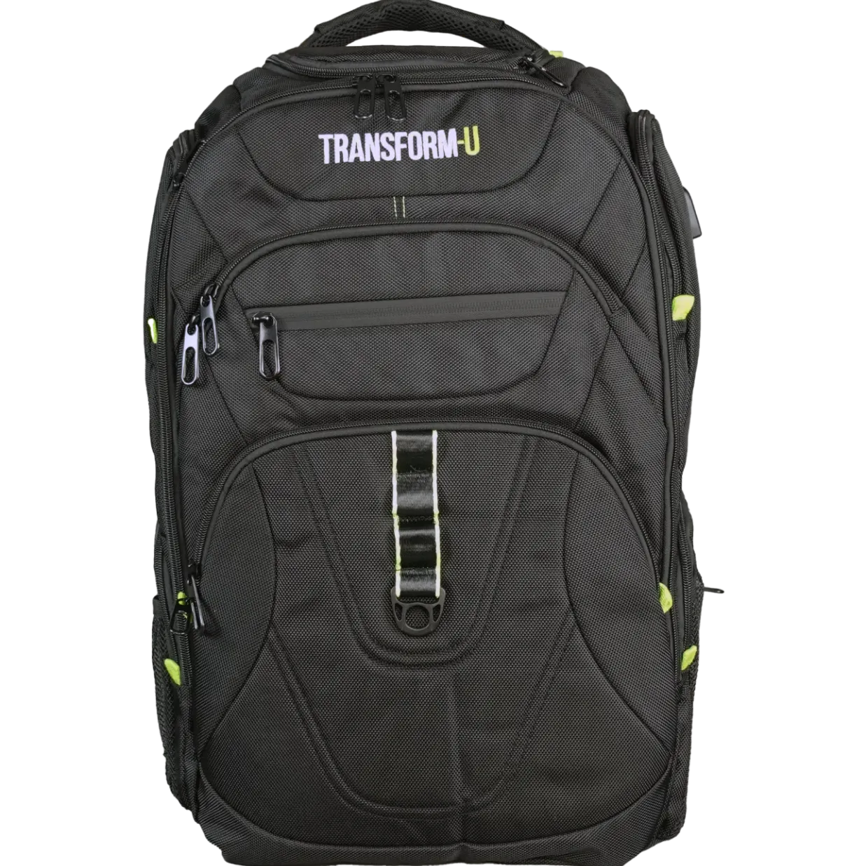 Black backpack with 'TRANSFORM-U' branding on a transparent background