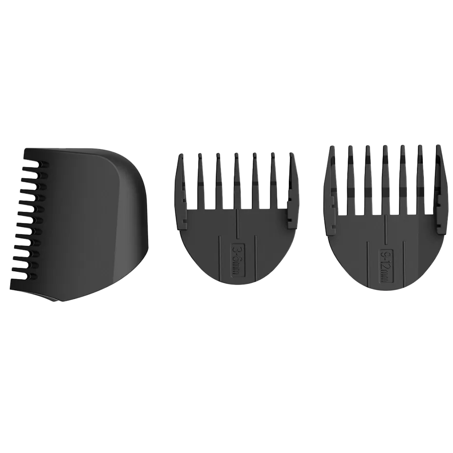 Three black hair styling combs on a transparent background