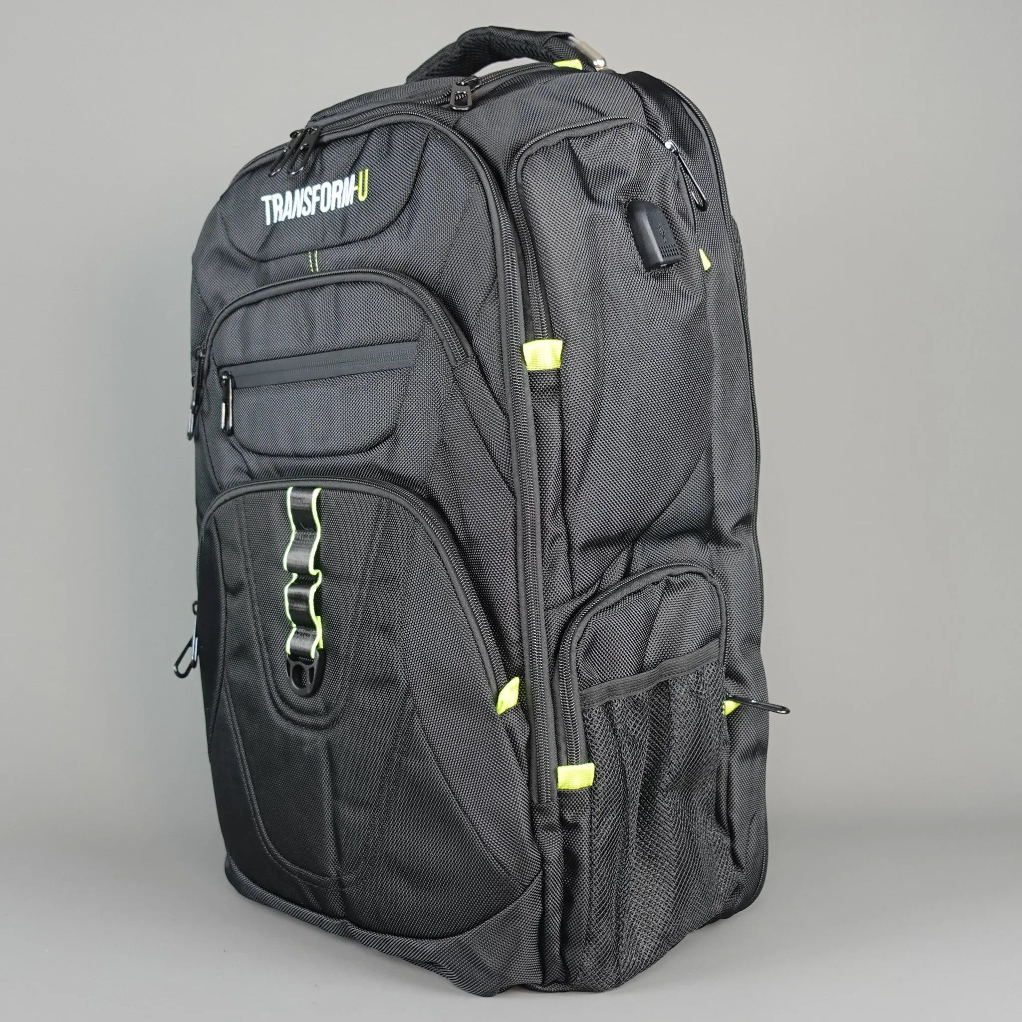 Gray backpack with green accents on a gray background
