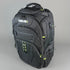 Black backpack with green accents on a gray background