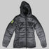A dark gray hooded puffer jacket with horizontal quilting, a front zipper, and a bright neon yellow geometric logo patch on the left sleeve, shown against a solid black background.