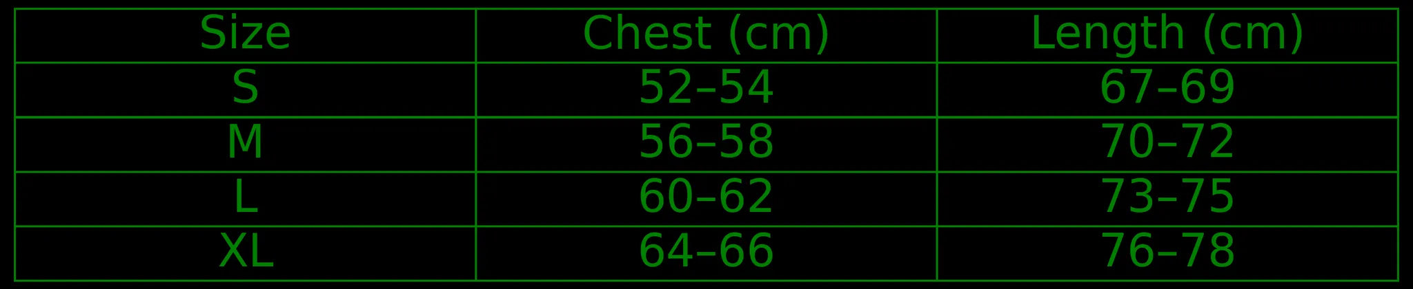 Size chart with chest and length measurements in centimeters on a black background