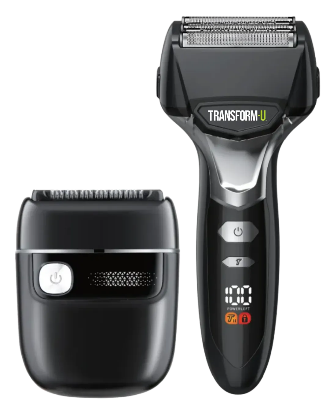 Two electric shavers, one with a digital display and the other without, on a white background.