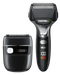 Two electric shavers, one with a digital display and the other without, on a white background.