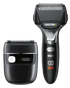 Two electric shavers, one with a digital display and the other without, on a white background.