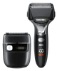 Two electric shavers, one with a digital display and the other without, on a white background.