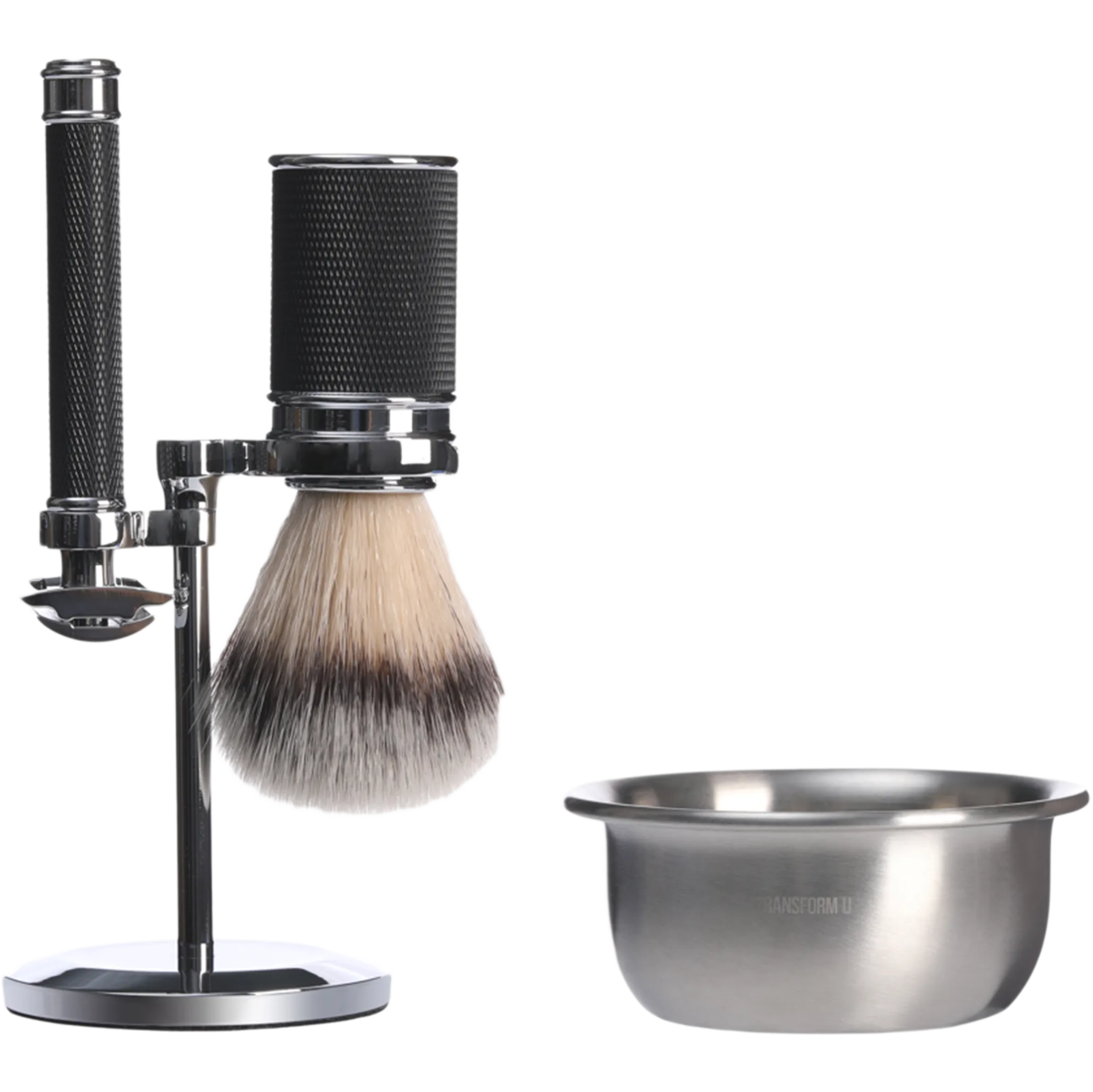 Shaving brush with stand and metal bowl on a transparent background