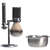 Shaving brush with stand and metal bowl on a transparent background