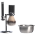 Shaving brush with stand and metal bowl on a transparent background