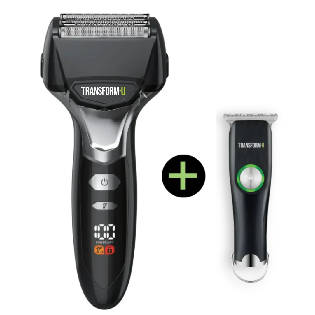 Two grooming tools, a shaver and a trimmer, with 'Transform U' branding on a white background.