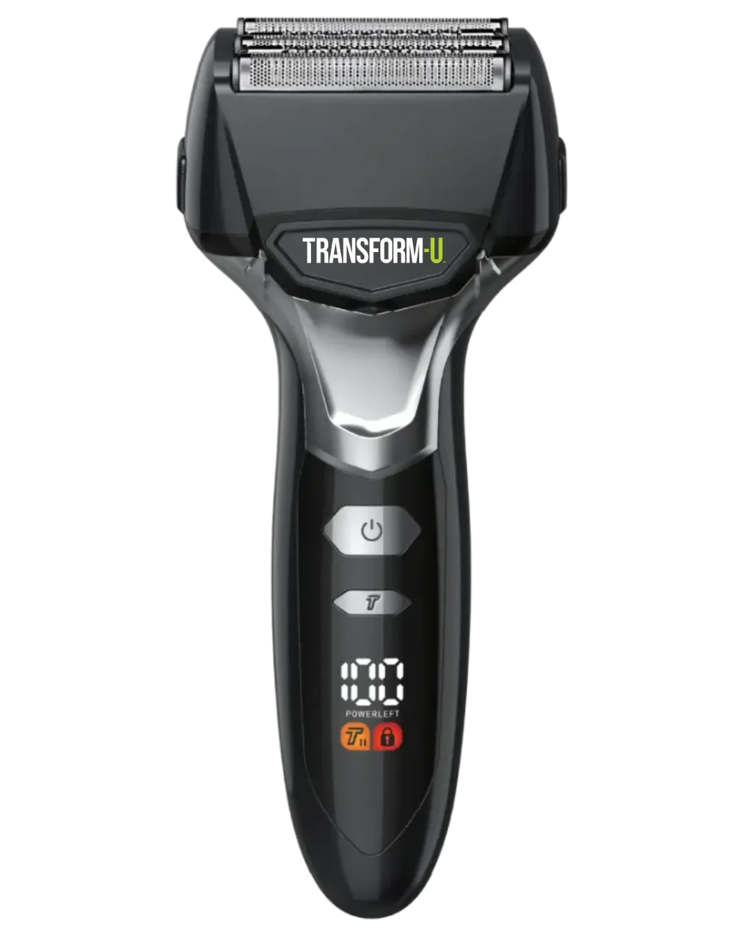 Black electric shaver with digital display on a white background