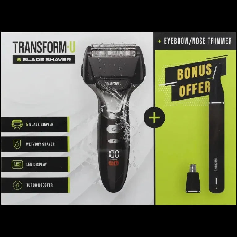 Transform-U 5 blade shaver with bonus eyebrow/nose trimmer on a transparent background