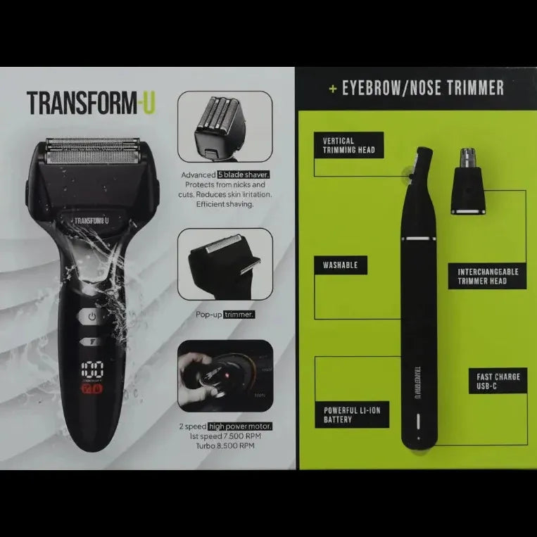 Transform-U shaver and eyebrow/nose trimmer packaging with features highlighted.