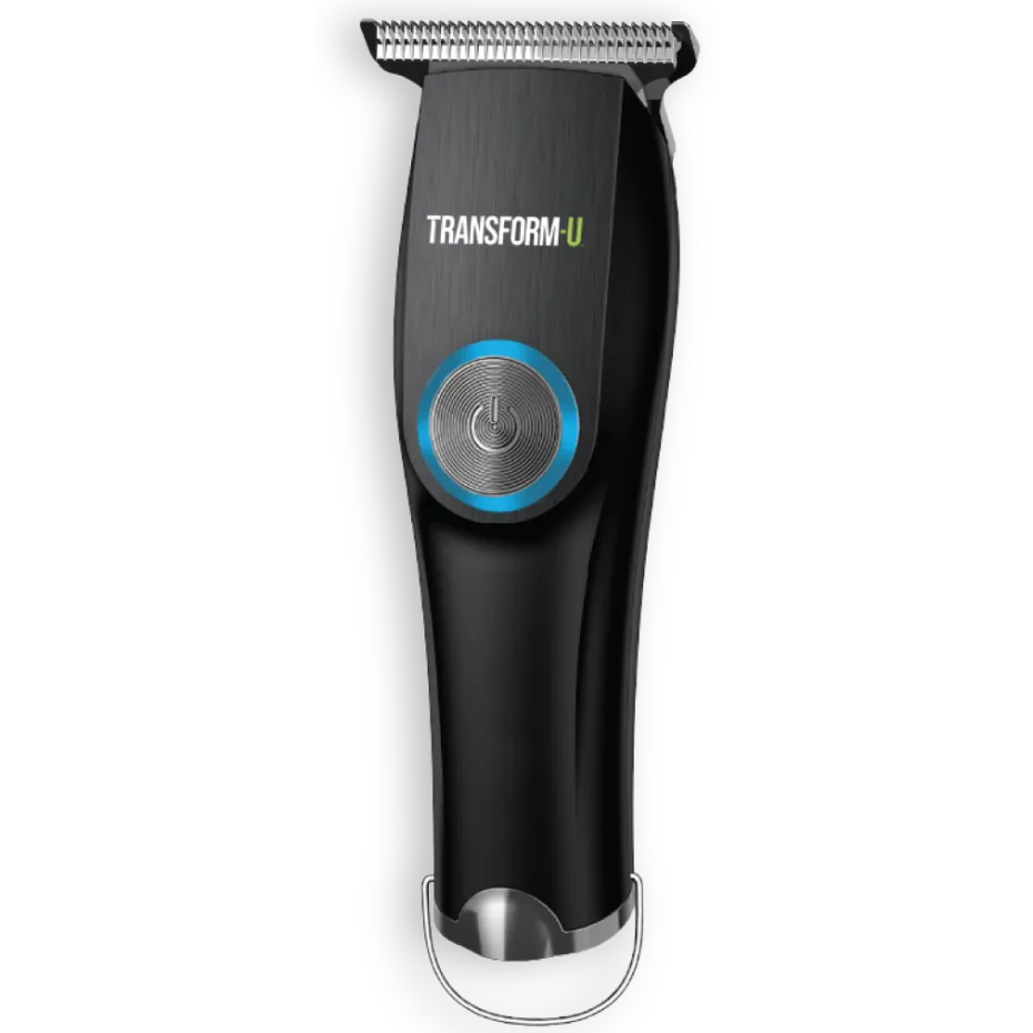 Black hair trimmer with 'Transform U' branding on a transparent background