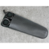 Black scissors in a matching sheath on a gray concrete surface