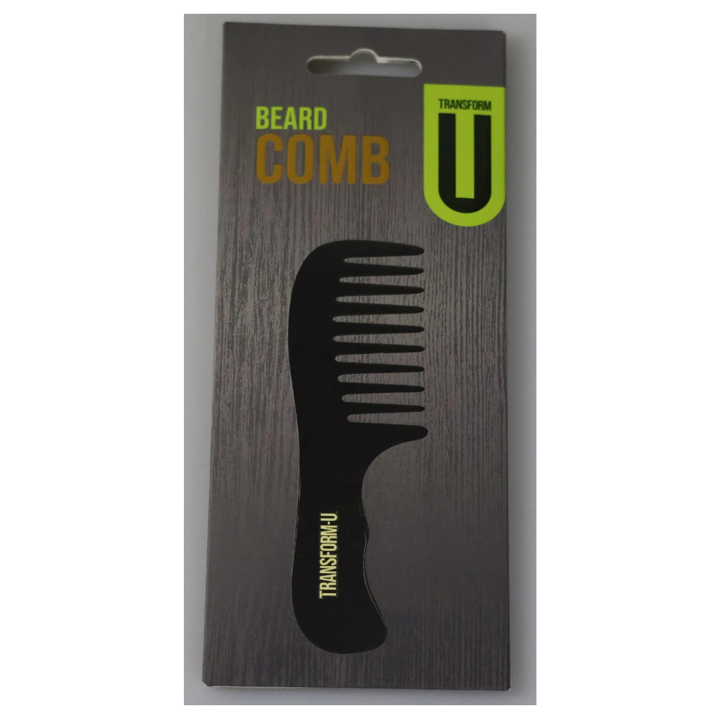 Beard comb packaging with 'Transform U' branding on a gray background