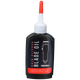 Hair clipper blade oil bottle with black label and red cap on transparent background
