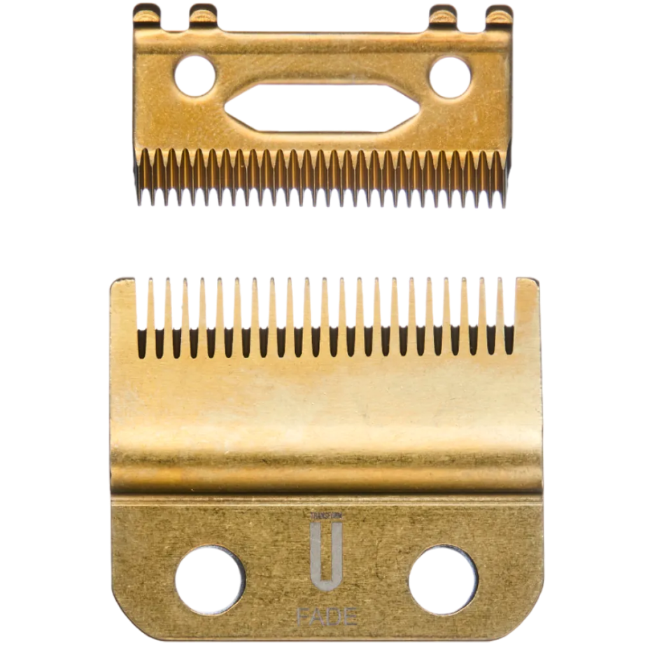 Two gold-colored hair clipper blades on a white background