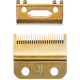 Two gold-colored hair clipper blades on a white background