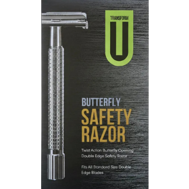 Butterfly safety razor packaging with 'Transform U' logo on a transparent background