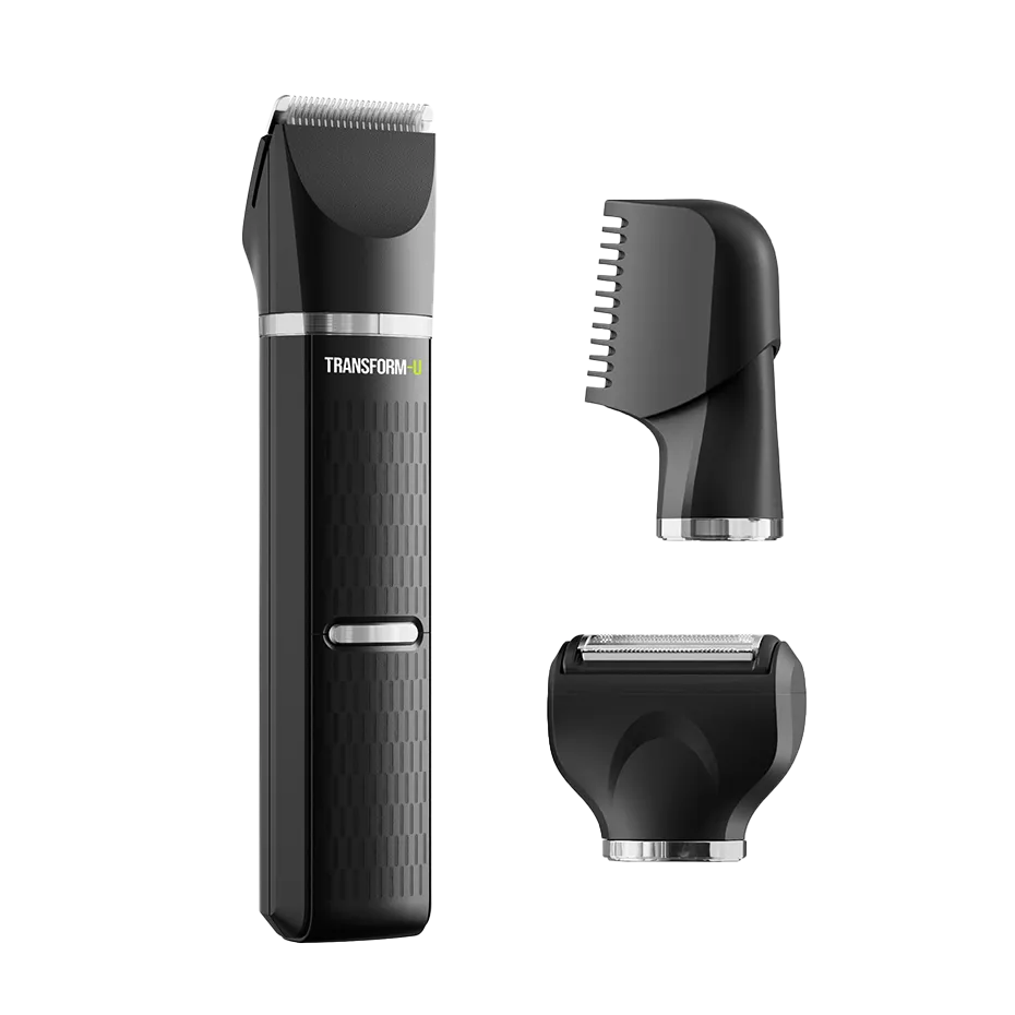 Black grooming tool set with attachments on a transparent background