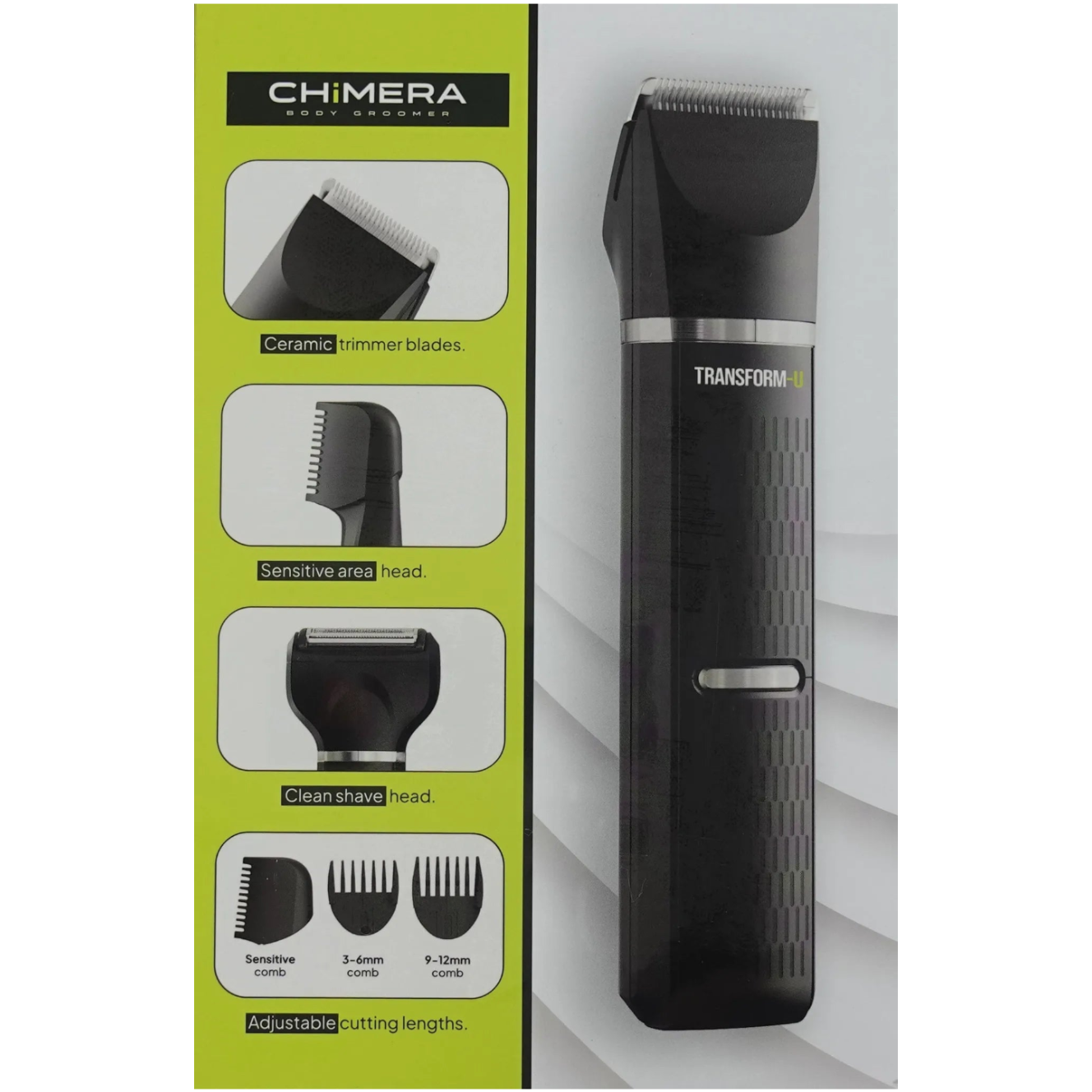 Body groomer with packaging displaying features on a transparent background
