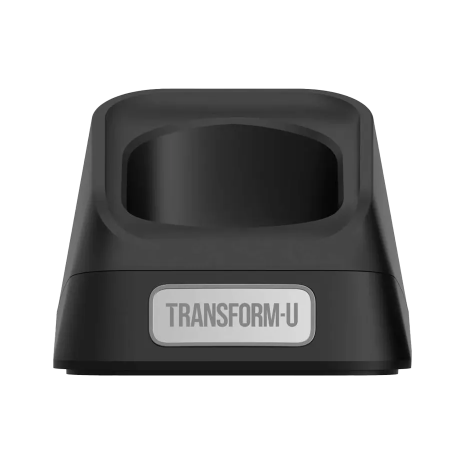 Black charging stand with 'TRANSFORM-U' label on a white background