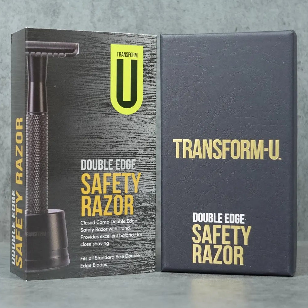 Transform-U double edge safety razor packaging on a gray surface with a gray background