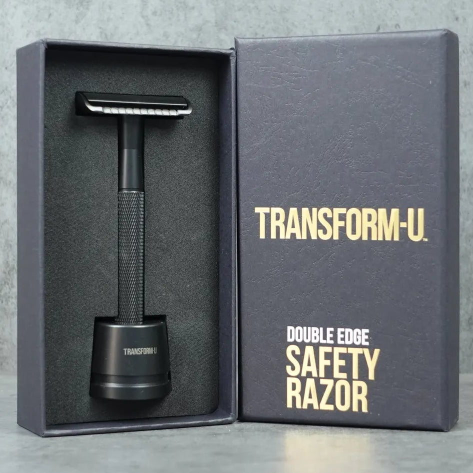 Transform-U safety razor in a black box on a gray background