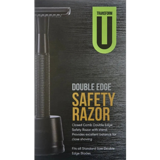 Double edge safety razor with packaging featuring 'Transform U' branding on a dark background.