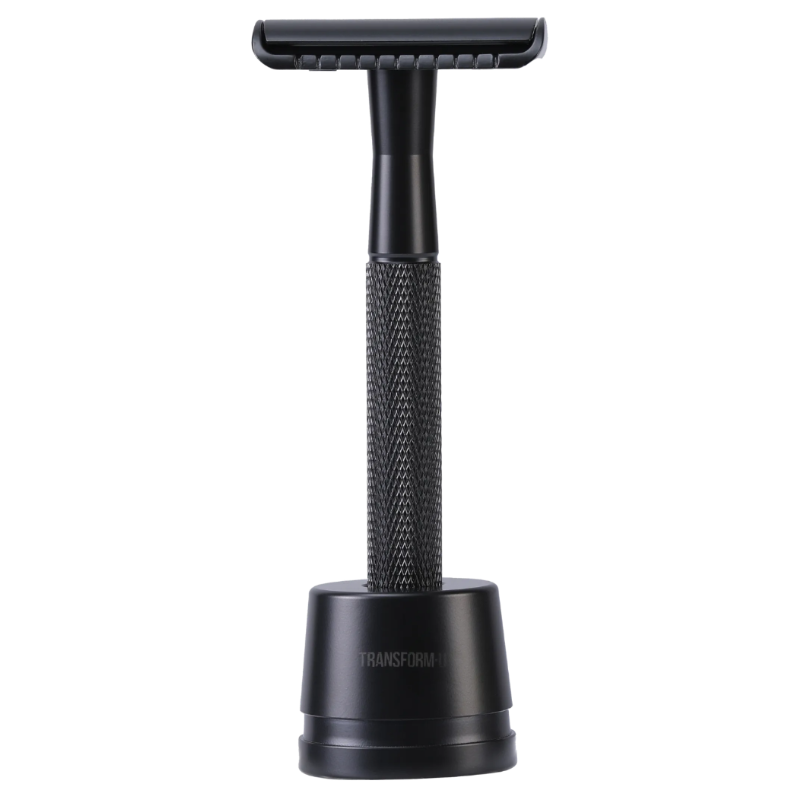 Black safety razor with textured handle on a transparent background
