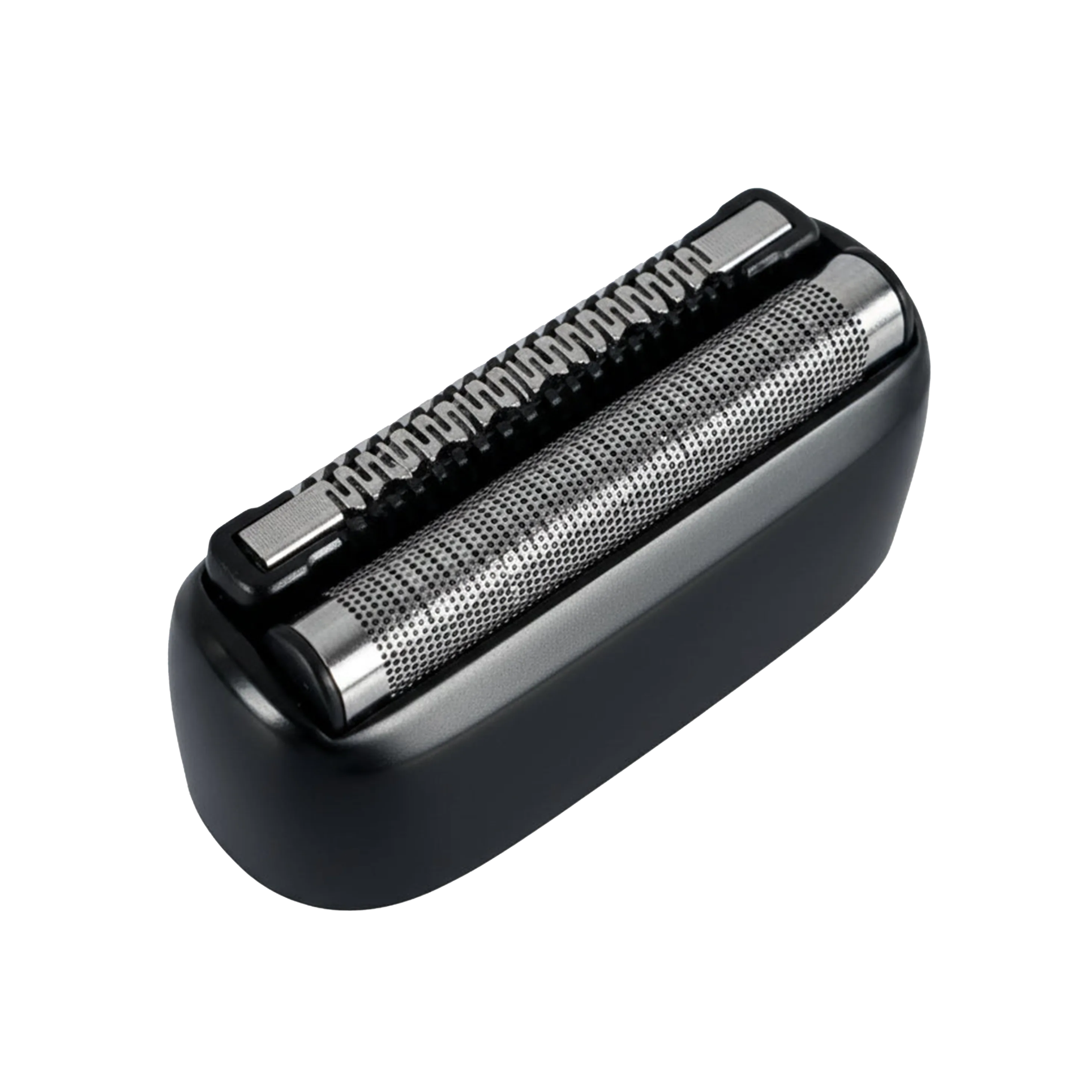 Shaver head with metallic foil and black casing on a transparent background
