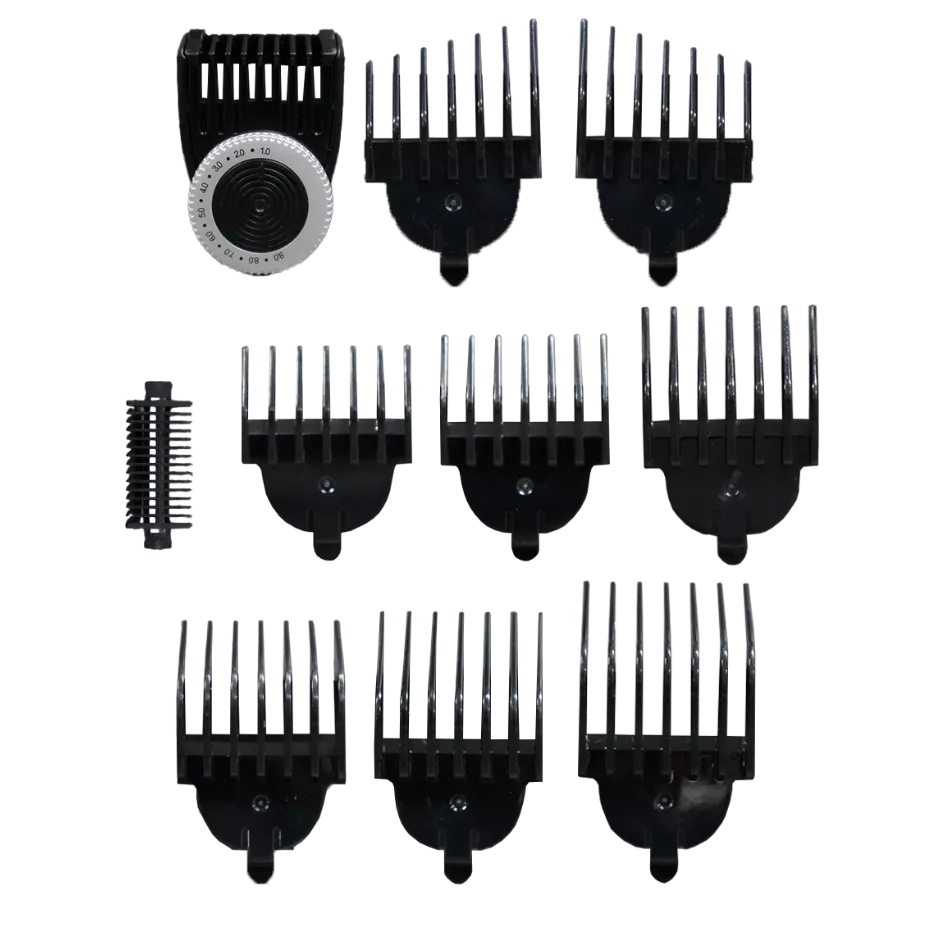 Set of black beard trimmer attachments on a transparent background